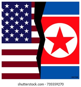 US and North Korea flags with a crack.