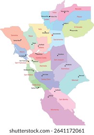 US Northern California Megaregion with 22 counties' names and county seats