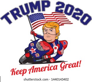 US, NOVEMBER 3, 2020: President Trump Riding A Motorbike Holding US Flag