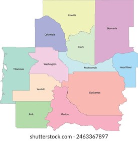 US Oregon Portland City map with 12 County Boundaries