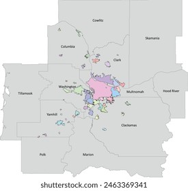 US Oregon Portland map of 57 City Boundaries within 12 Counties.