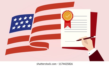 US Paper Certificate in businessman hand. the USA Vector illustration. American flag Report file in flat design. Concept of quality control in the United States of America.