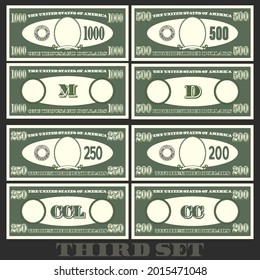 US paper money samples empty ovals. Banknotes denominations 200, 250, 500 and 1000 dollars. Third set