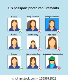 US Passport photo requirements. Prohibitions and violations when photographing on an identity document in United States. Vector illustration