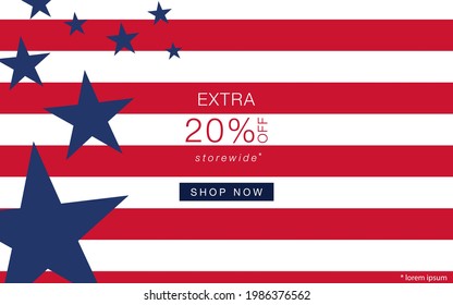 US patriotic 4th of July, President or Veterans day holiday sale web site page with Shop now button and American flag inspired design in red, navy blue and white colours.