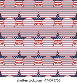 US patriotic stars seamless pattern on red and blue diagonal stripes background. American patriotic wallpaper with US patriotic stars. Continuos pattern vector illustration.