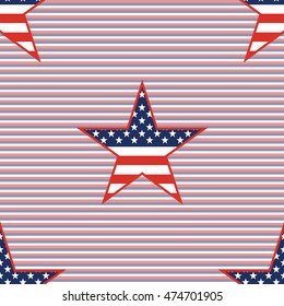 US patriotic stars seamless pattern on red and blue diagonal stripes background. American patriotic wallpaper with US patriotic stars. Surface pattern vector illustration.