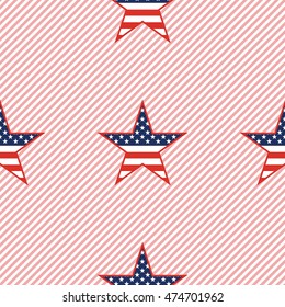US patriotic stars seamless pattern on red stripes background. American patriotic wallpaper with US patriotic stars. Ornament pattern vector illustration.