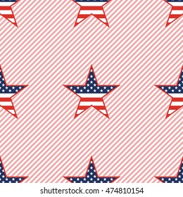 US patriotic stars seamless pattern on red stripes background. American patriotic wallpaper with US patriotic stars. Tillable pattern vector illustration.