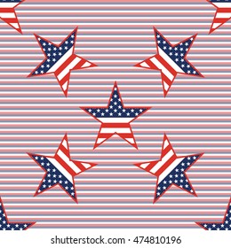 US patriotic stars seamless pattern on red and blue diagonal stripes background. American patriotic wallpaper with US patriotic stars. Scalable pattern vector illustration.