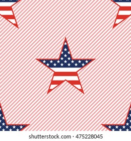 US patriotic stars seamless pattern on red stripes background. American patriotic wallpaper with US patriotic stars. Surface pattern vector illustration.