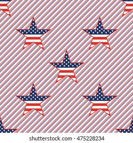 US patriotic stars seamless pattern on red and blue stripes background. American patriotic wallpaper with US patriotic stars. Wrapping pattern vector illustration.