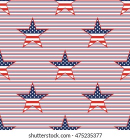 US patriotic stars seamless pattern on red and blue diagonal stripes background. American patriotic wallpaper with US patriotic stars. Repeated pattern vector illustration.