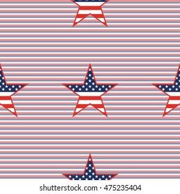US patriotic stars seamless pattern on red and blue diagonal stripes background. American patriotic wallpaper with US patriotic stars. Ornament pattern vector illustration.