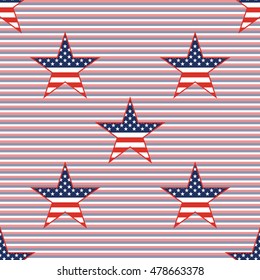 US patriotic stars seamless pattern on red and blue diagonal stripes background. American patriotic wallpaper with US patriotic stars. Wrapping pattern vector illustration.