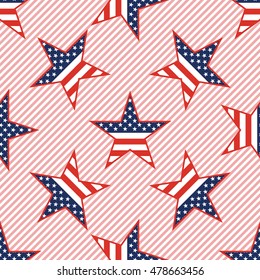 US patriotic stars seamless pattern on red stripes background. American patriotic wallpaper with US patriotic stars. Grid pattern vector illustration.