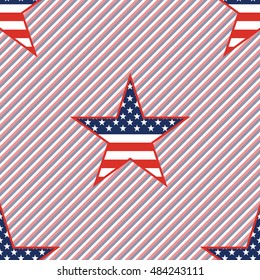 US patriotic stars seamless pattern on red and blue stripes background. American patriotic wallpaper with US patriotic stars. Surface pattern vector illustration.