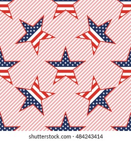 US patriotic stars seamless pattern on red stripes background. American patriotic wallpaper with US patriotic stars. Tiling pattern vector illustration.