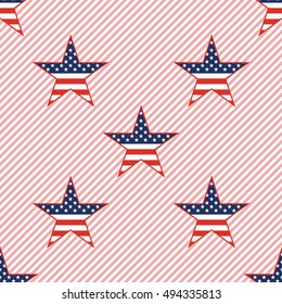 US patriotic stars seamless pattern on red stripes background. American patriotic wallpaper. Wrapping pattern vector illustration.