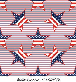 US patriotic stars seamless pattern on red and blue diagonal stripes background. American patriotic wallpaper with US patriotic stars. Tiling pattern vector illustration.