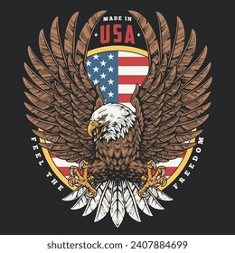 US patriotism vintage flyer colorful with bald eagle spreading its wings and signature made in USA vector illustration