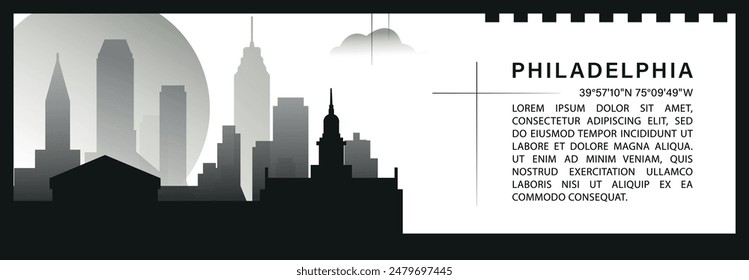 US Philadelphia skyline vector banner, black and white minimalistic cityscape silhouette. USA Pennsylvania state horizontal graphic, travel infographic, monochrome layout for website