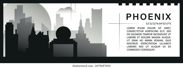 US Phoenix skyline vector banner, black and white minimalistic cityscape silhouette. USA Arizona state horizontal graphic, travel infographic, monochrome layout for website