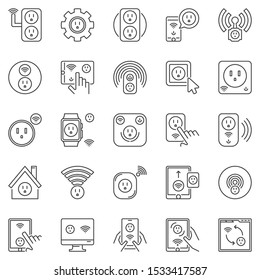 US Power Smart Socket outline icons set. Vector american smart sockets concept symbols in thin line style