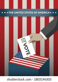 US Presidential election 2020 campaign poster. hand putting voting ballot paper card in the ballot box with american flag pattern on background. Presidential election banner background. flat vector