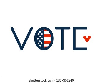 US Presidential Election 2020. Vote for the word with a check mark inside and a fragment of the national flag. Political election campaign logo. Vector illustration.