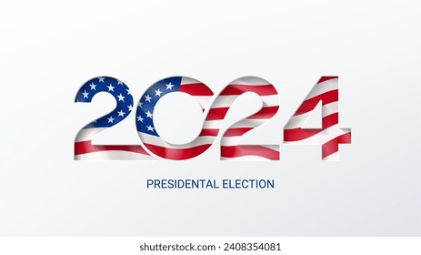 US presidential election 2024 banner. Template of isolated typography symbol of USA election voting. US Election 2024 campaign. Vote day. Paper cutout effect with USA flag. Vector illustration.