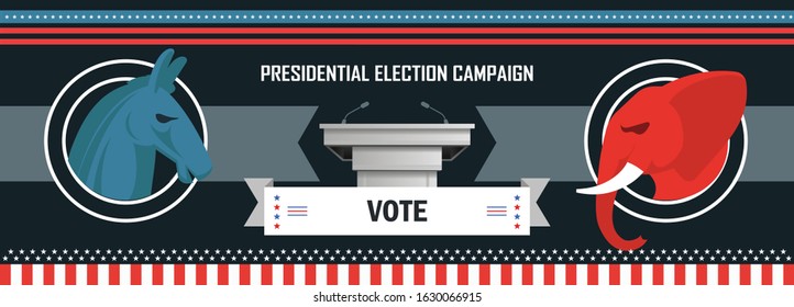 US Presidential Election Banner Background for year 2020. American Election campaign & debate between democrats and republicans. Electoral symbols of both political parties.
