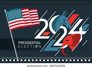 US Presidential Election Banner Background for year 2024. American Election campaign between democrats and republicans. Electoral symbols of both political parties. United States of America USA Flag.