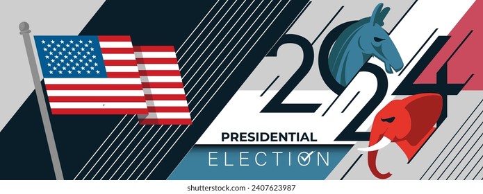 US Presidential Election Banner Background for year 2024. American Election campaign between democrats and republicans. Electoral symbols of both political parties. United States of America USA Flag.