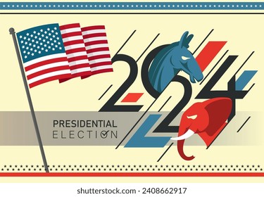 US Presidential Election Banner Background for year 2024. American Election campaign between democrats and republicans. Electoral symbols of both political parties. United States of America USA Flag.