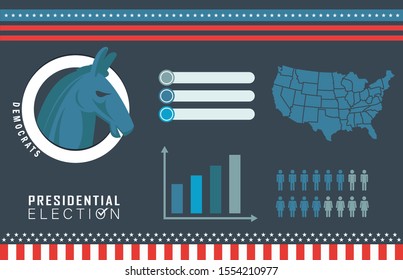 US Presidential Election Banner with infographics of democrats. American Election campaign statistics or results of democratic party. Electoral symbols of donkey with american map and data graphs.
