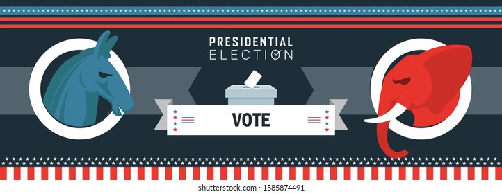 US presidential election banner promoting votes. American election campaign between democrats and republicans. Electoral symbols of both political parties.