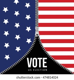 US presidential election concept. USA flag background with zipper. American vector illustration, flat design