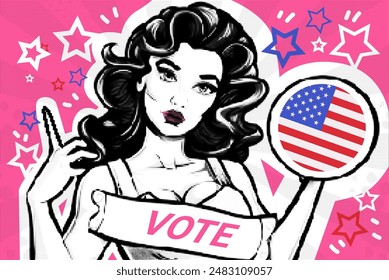 US presidential election pop art woman promoting voting stars USA flag pink background