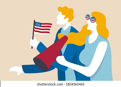 US Presidential election, United States leader vote or people voters waiting for presidential result concept, excite young people US voters hold megaphone and US national flag waiting for vote result.