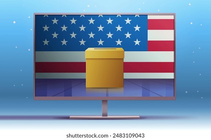 US presidential election voting ballot box on TV screen with American flag background modern design concept