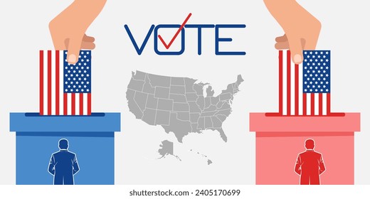 US Presidential election, voting on the US map. Hands putting voting papers in the ballot boxes.
