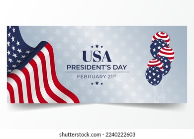 US Presidents Day February 21st horizontal banner with waving flag illustration