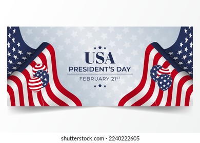 US Presidents Day February 21st horizontal banner with waving flag illustration