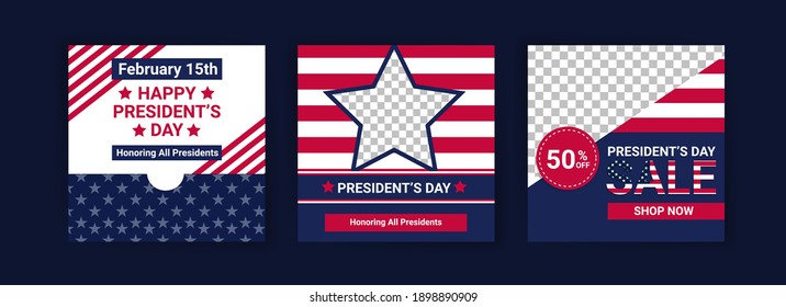 US President's Day greeting card displayed with the national flag of the United States of America. Social media templates for US president's day.