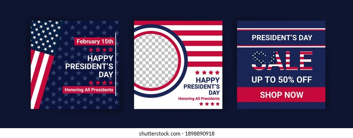 US President's Day greeting card displayed with the national flag of the United States of America. Social media templates for US president's day.