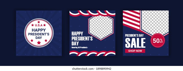 US President's Day greeting card displayed with the national flag of the United States of America. Social media templates for US president's day.