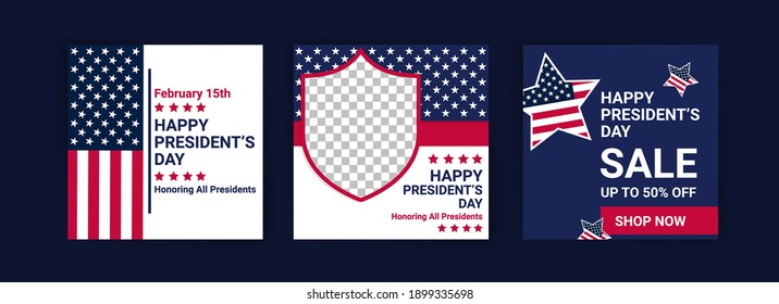 US President's Day greeting card displayed with the national flag of the United States of America. Social media templates for US president's day.