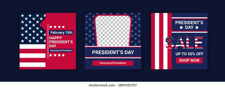 US President's Day greeting card displayed with the national flag of the United States of America. Social media templates for US president's day.