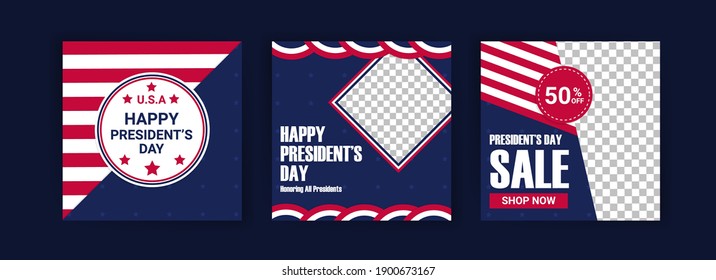 US President's Day greeting card displayed with the national flag of the United States of America. Social media templates for US president's day.